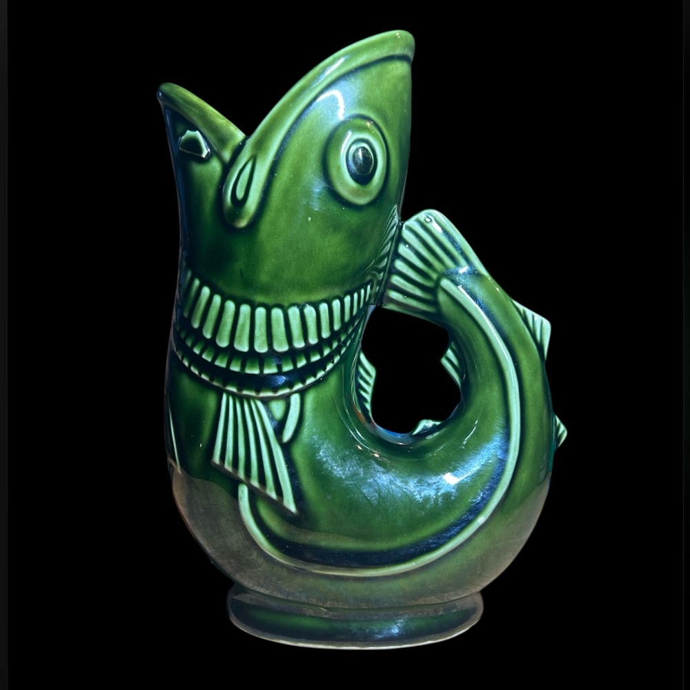 Vintage Green Ceramic Koi Fish Glug Jug Vase -Mid Century Modern gurgle pot